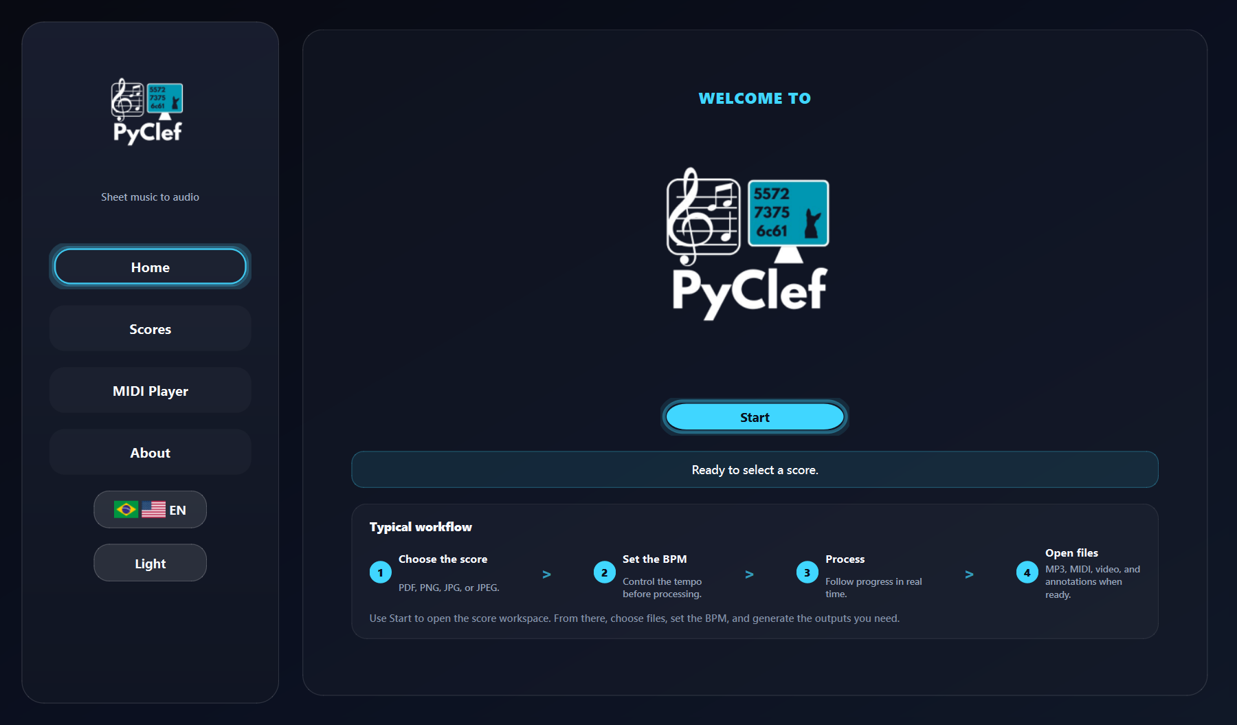 PyClef desktop home screen in dark mode